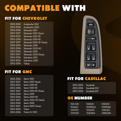 Fitment: Driver-Side Power Window Switch Compatible with Chevrolet Avalanche 1500/2500 2003-2006, Silverado 1500 2004-2006, Silverado 1500 Classic 2007, Silverado 1500 HD 2003, Silverado 1500 HD 2005-2006, Silverado 1500 HD Classic 2007, Silverado 2500 2004, Silverado 2500 HD 2003-2006, Silverado 3500 2003-2006, Silverado 3500 Classic 2007, Suburban 1500/2500 2003-2006, Tahoe 2003-2006
Fitment: Driver-Side Power Window Switch Compatible with GMC Sierra 1500 2004-2006, Sierra 1500 Classic 2007