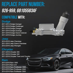 Compatible with Dodge Oil Cooler : 2011-2016 Dodge Challenger Charger Durango Grand Caravan Journey |2011-2014 Dodge Avenger; For Chrysler Oil Cooler : 2011-2016 Chrysler 200 300 Town & Country; Ram: 2014-2016 Ram ProMaster 1500 2500 3500 |2013-2016 Ram 1500 |2012-2015 Ram C/V; For Jeep Oil Cooler : 2012-2016 Jeep Wrangler| 2014-2016 Jeep Cherokee Grand Cherokee. (Oil Pressure Sensor can not fit 2017+ Models!!)