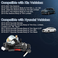 Compatible with Kia Hyundai Vehicles: Automotive Replacement Ignition Lock Cylinders 2015-2021 Kia Sedona, 2015-2019 Hyundai Sonata Ignition Lock Cylinder with Ignition Lock Housing. Replaces Parts Number: 81910-A4110, 81910-A4210, 81910A4110, 81910A4210 Ignition Lock Switch Assembly. Package Includes: 2*Keys, 2*Screws, 1*Ignition Lock Cylinder, 1*Ignition Housing