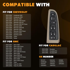 Fitment: Driver-Side Power Window Switch Compatible with Chevrolet Avalanche 1500 2003-2006, Avalanche 2500 2003-2006, Silverado 1500 2003-2006, Silverado 1500 Classic 2007, Silverado 1500 HD 2003-2006, Silverado 1500 HD Classic 2007, Silverado 2500 2003-2004, Silverado 2500 HD 2003-2006, Silverado 3500 2003-2006, Silverado 3500 Classic 2007, Suburban 1500 2003-2006, Suburban 2500 2003-2006, Tahoe 2003-2006, Tahoe 2008
Fitment: Driver-Side Power Window Switch Compatible with GMC Sierra 1500 2003-2007