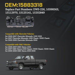 Compatible with 2003-2007 Chevy Silverado Power Window Switch : For 2003-2007 Chevrolet Silverado 1500 2500 , 2007 Silverado 1500 Classic 3500 Classic ,2003-2006 Silverado 3500 Front Driver Side Power Window Switches. Brand New For 2003 2004 2005 2006 2007 Chevy silverado window switch
Compatible with 2003-2007 Gmc Sierra Window Switch : For 2003-2007 GMC Sierra 1500 , 2007 Sierra 1500 Classic 2500 Classic 3500 Classic , 2003-2006 Gmc Sierra 2500 3500 Master Window Switch Panel,Door Lock Window Switch Drive