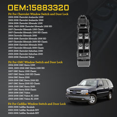 Compatible with Chevrolet Vehicles: 2002 Chevrolet Avalanche 1500, 2002 Chevrolet Avalanche 2500, 2001-2002 Chevrolet Silverado 1500 HD, 1999-2002 Chevrolet Silverado 1500, 2001-2002 Chevrolet Silverado 2500 HD, 1999-2002 Chevrolet Silverado 2500, 2001-2002 Chevrolet Silverado 3500, 2000-2002 Chevrolet Suburban 1500, 2000-2002 Chevrolet Suburban 2500, 2000-2002 Chevrolet Tahoe Door Window Switch
Compatible with GMC & Cadillac Vehicles: 2001-2002 GMC Sierra 1500 HD, 1999-2002 GMC Sierra 1500, 2001-2002 GMC S