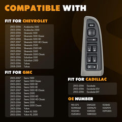Compatible with Chevrolet Vehicles: 2003-2006 Avalanche 1500, 2003-2006 Avalanche 2500, 2003-2006 Silverado 1500, 2007 Silverado 1500 Classic, 2003-2006 Silverado 1500 HD, 2007 Silverado 1500 HD Classic, 2003-2004 Silverado 2500, 2003-2006 Silverado 2500 HD, 2007 Silverado 2500 HD Classic, 2003-2006 Silverado 3500, 2007 Silverado 3500 Classic, 2003-2006 Suburban 1500, 2003-2006 Suburban 2500, 2003-2006&2008 TahoeMaster Power Window Switch & Panel AssemblyCadillac 2003-2006 Escalade, 2003-2006 Escalade ESV, 
