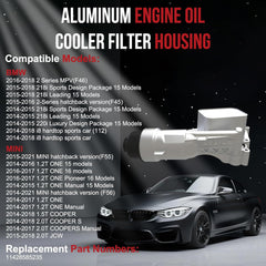 11428585235 Aluminum engine oil cooler, compatible with BMW 218i, 220i, i8, 2 Series, and MINI Cooper; replaces 11428511391 Oil filter housing adapter with sensor and gasket.