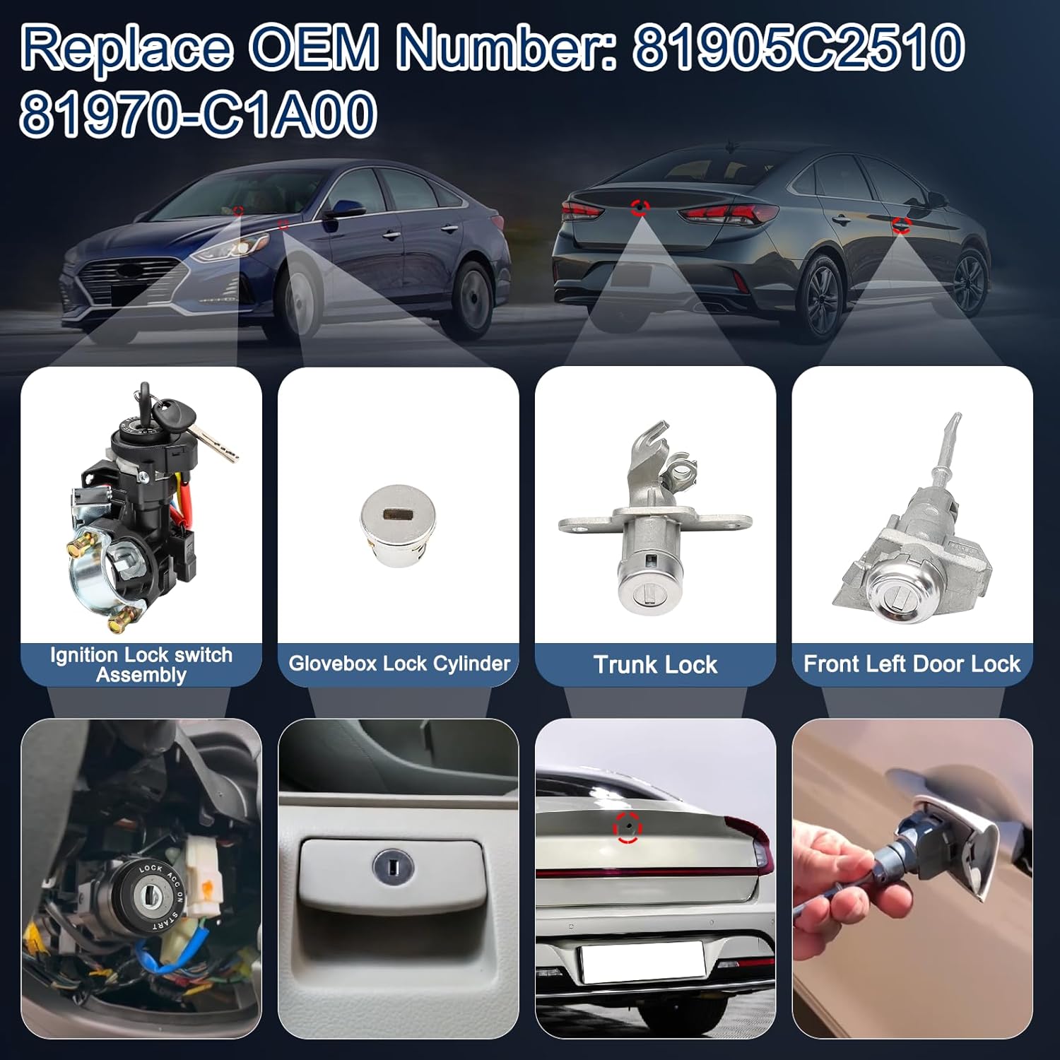 Ignition Lock Switch Assembly 81905-C2510 for 2015-2019 Hyundai Sonata with 2 Door Lock & Glovebox Lock Kit Cylinder Set & 2 Key