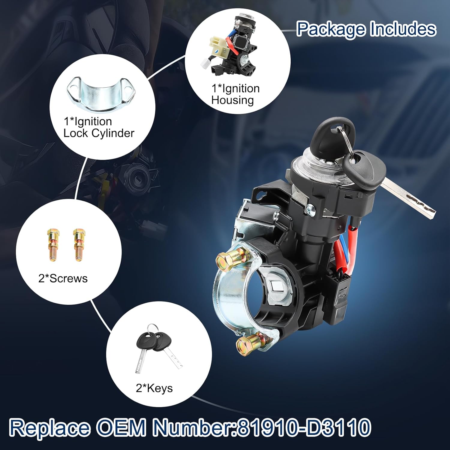 81910-D3110 Ignition Lock Cylinder Switch Kits & Housing for 2015-2021 Hyundai Tucson Elantra GT Veloster N, 2016-2023 Kia Rio Sportage