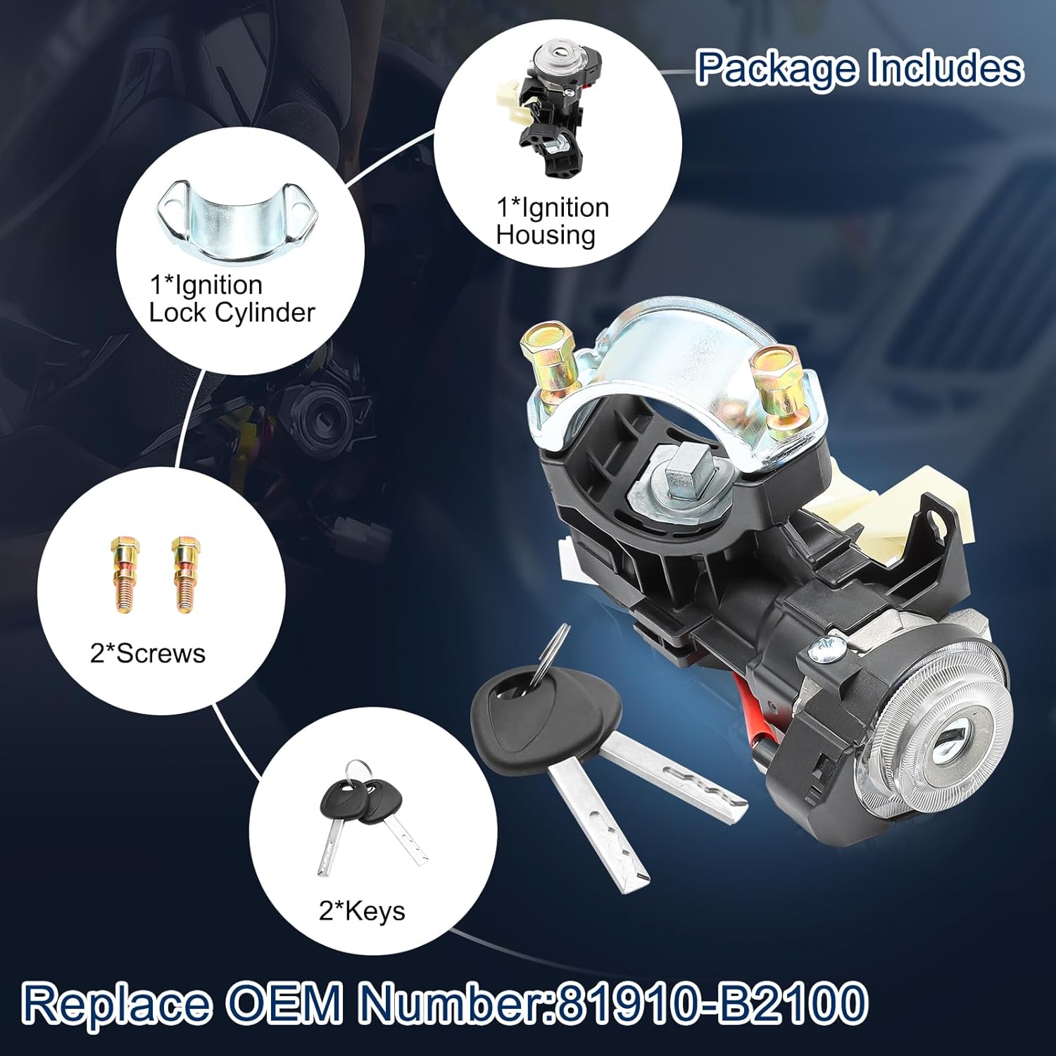 81910-B2100 Ignition Lock Cylinder & Housing Ignition Switch Kits for 2014-2019 Kia Soul, 2015-2019 Kia Soul EV