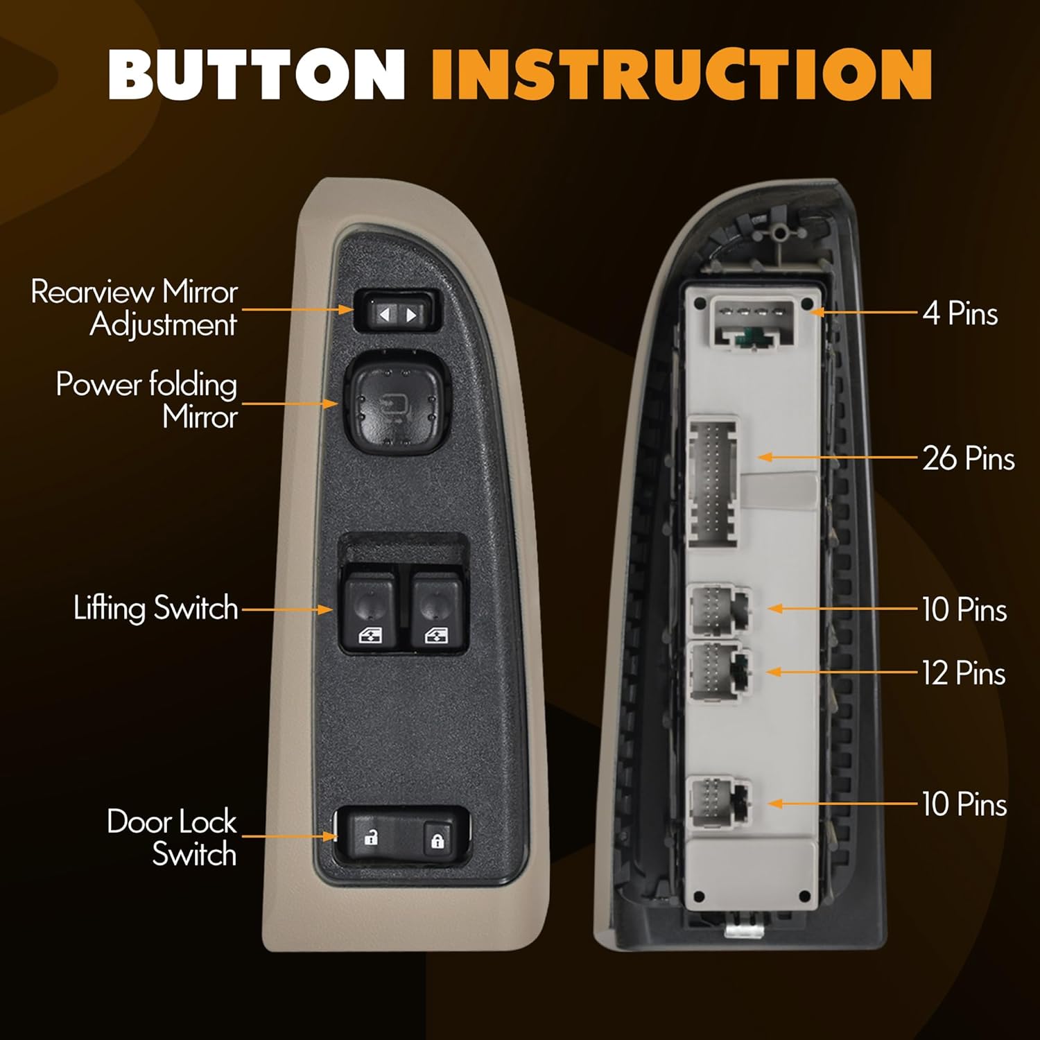 15883322 Front Driver Side Power Window Switch and Tan Bezel Assembly with Folding Mirror Switch Chevy ,GMC 920-024 Replaces DWS-248