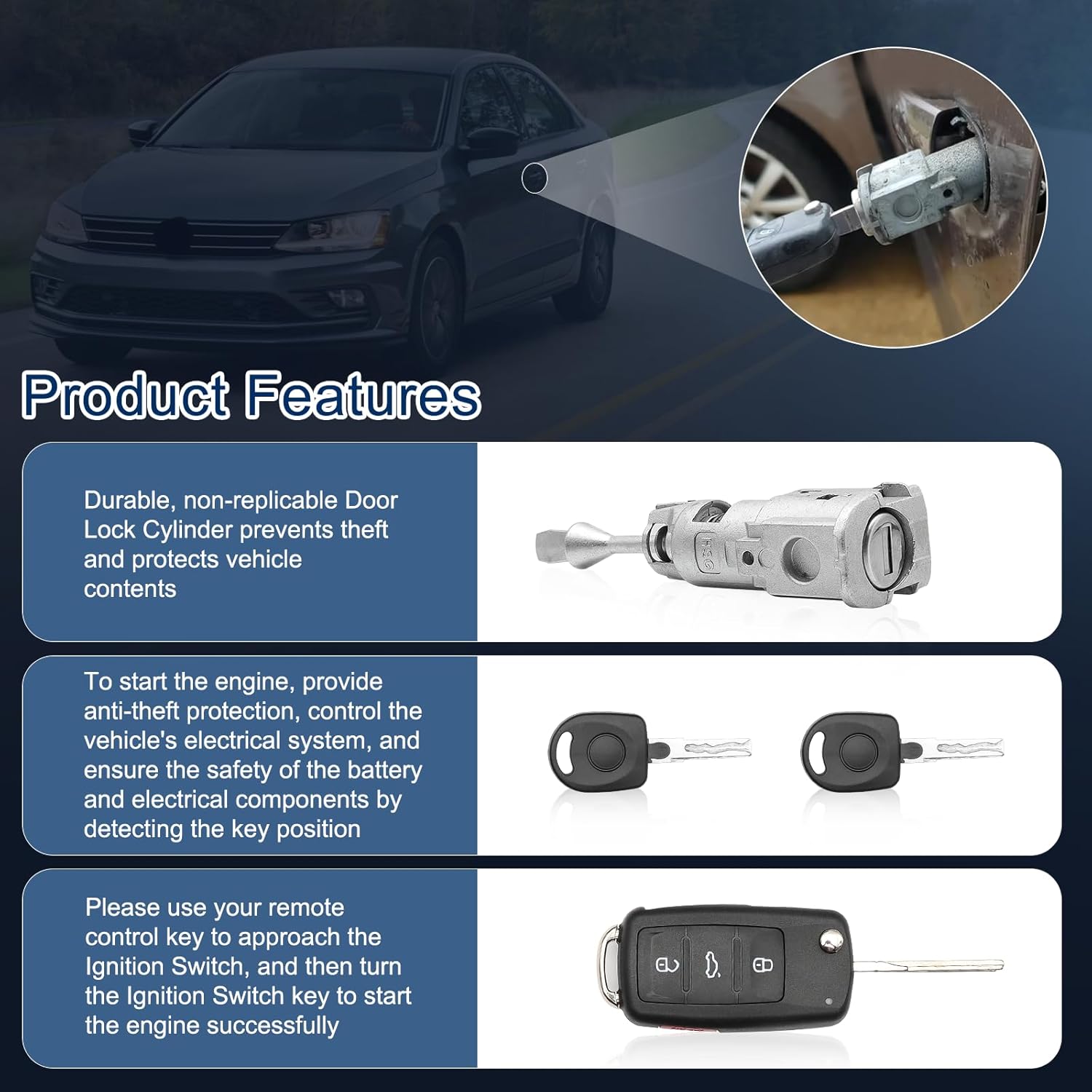 Automotive Replacement Ignition Lock Cylinders 2006-2018 Volkswagen VW Jetta Ignition Switch Door Lock Cylinder w/Intelligence Key Shell. Replaces Parts Number: 1K0905851B Ignition Lock Switch Assembly. Package Includes: 2*Keys, 1*Remote Control Key, 1* Ignition Starter Switch & Ignition Switch Cylinder, 1*Front Left Door Lock