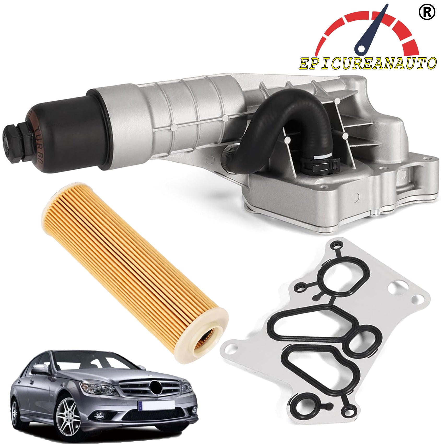 EPICUREANAUTO A2711801410 Aluminum Engine Oil Cooler Oil Filter Housing For Mercedes Benz C180 C200 C204 C230 C250 E200 W212 W204 with O-ring Seals