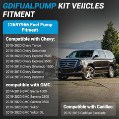 GDI Fuel Pump Fitment-1: Compatible with Chevrolet Tahoe Suburban 2015-2020, Express 2500 3500 2018-2020, Silverado 1500 2014-2019, Camaro 2016-2018, Corvette 2014-2019. Compatible with GMC Sierra 1500 2014-2019, Savana 2500 3500 2018-2020, Yukon 2015-2020, Yukon XL 2015-2020; Compatible with Cadillac Escalade 2015-2018.