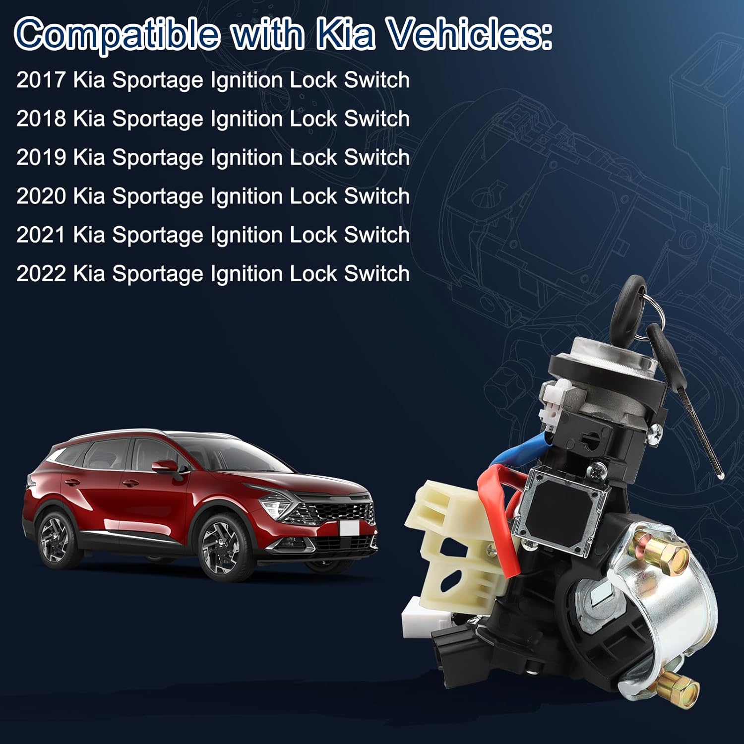 Compatible with Kia Vehicles: Automotive Replacement Ignition Lock Cylinders 2017 2018 2019 2020 2021 2022 Kia Sportage Ignition Lock Cylinder with Ignition Lock Housing. Replacement Parts Number: 81900-D9G00, 81900D9G00 Ignition Lock Switch Assembly. Package Includes: 2*Keys, 1*Ignition Lock Cylinder, 1*Ignition Housing