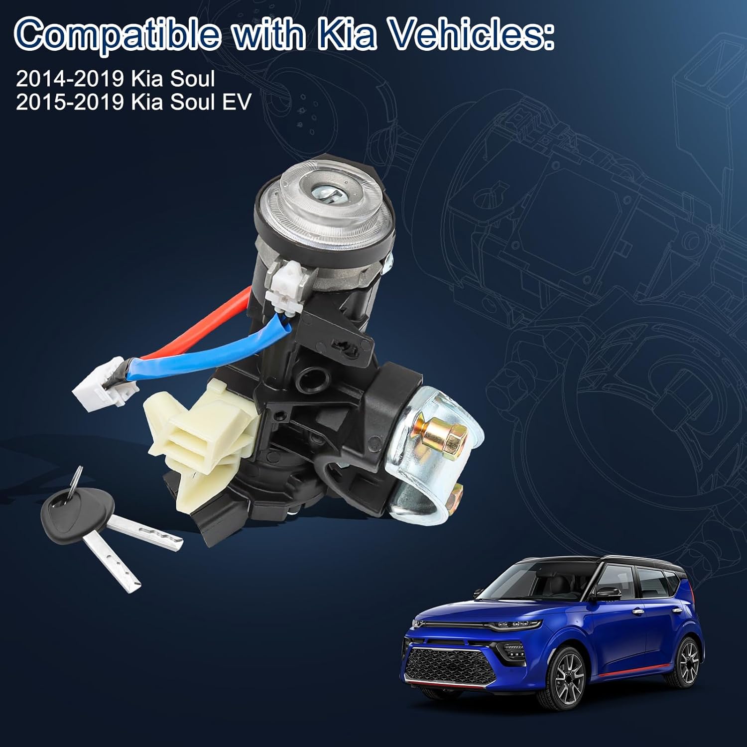 Compatible with Kia Vehicles: Automotive Replacement Ignition Lock Cylinders 2014-2019 Kia Soul, 2015-2019 Kia Soul EV Ignition Lock Cylinder with Ignition Lock Housing. Replaces Parts Number: 81910-B2100, 81910B2100, 81450-34190, 8145034190 Ignition Lock Switch Assembly. Package Includes: 2*Keys, 2*Screws, 1*Ignition Lock Cylinder, 1*Ignition Housing