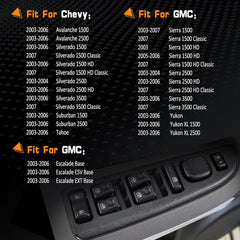 Fit For Cadillac Escalade Base 2003-2006 | Escalade ESV Base 2003-2006 | Escalade EXT Base 2003-2006|

Fit For GMC: Sierra 1500 2003-2007 | Sierra 1500 Classic 2007 | Sierra 1500 HD 2003 | Sierra 1500 HD 2005-2006 | Sierra 1500 HD Classic 2007 | Sierra 2500 2003-2004 | Sierra 2500 HD 2003-2006 | Sierra 2500 HD Classic 2007 | Sierra 3500 2003-2006 | Sierra 3500 Classic 2007 | Yukon 2003-2006 | Yukon XL 1500 2003-2006 | Yukon XL 2500 2003-2006.

Fit For Chevy: Avalanche 1500 2003-2006 | Avalanche 2500 2003-20