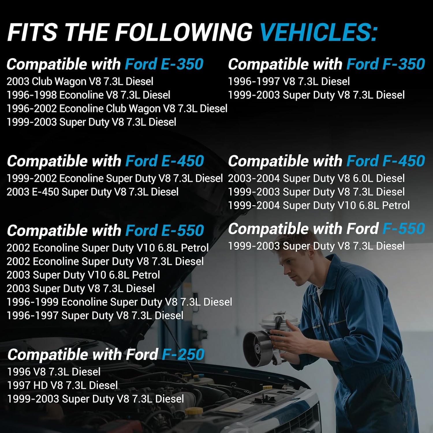 Perfect Fitment: Designed specifically for the 2004-2010 Ford E-350 Super Duty, E-450 Super Duty, and 2004-2005 Ford E-350 Club Wagon equipped with the V8 6.0L Diesel engine. This vacuum pump is a direct replacement for the original equipment pump, ensuring a smooth installation and a perfect fit.